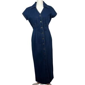 VTG Vesti Denim Shirt Dress Blue Button Front Midi Short Sleeve Utility Retro L